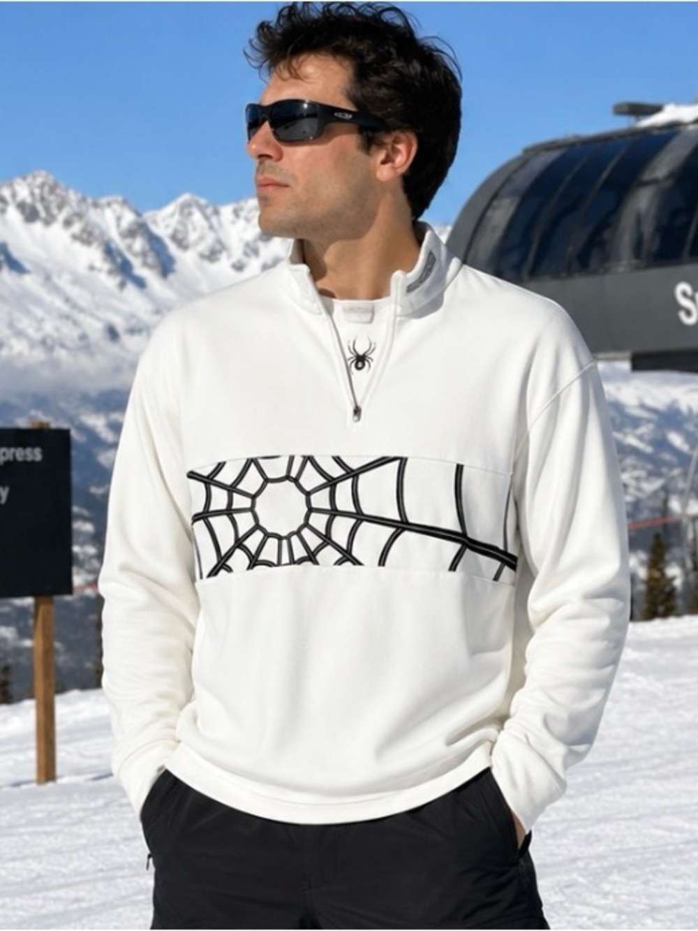SPYDER Rare Vintage Y2K 1990's Quarter-zip Ski Shirt Spiderweb Graphic White L